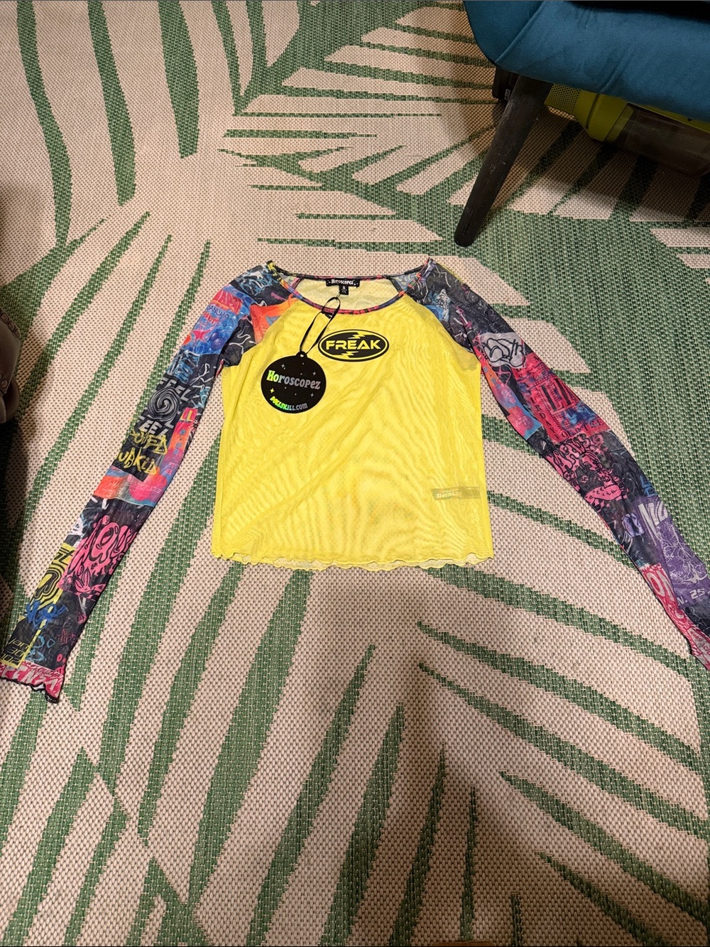 FREAK Yellow Mesh Crop Top with Graphic Long Sleeves SIZE SMALL - Festival wear